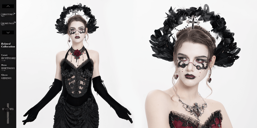 Gothic Black Halo Crown with Feathers and Cross Decor