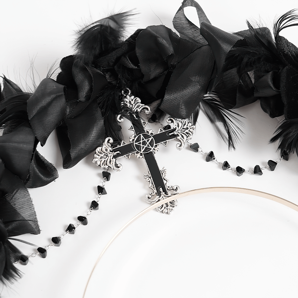 Gothic Black Halo Crown with Feathers and Cross Decor