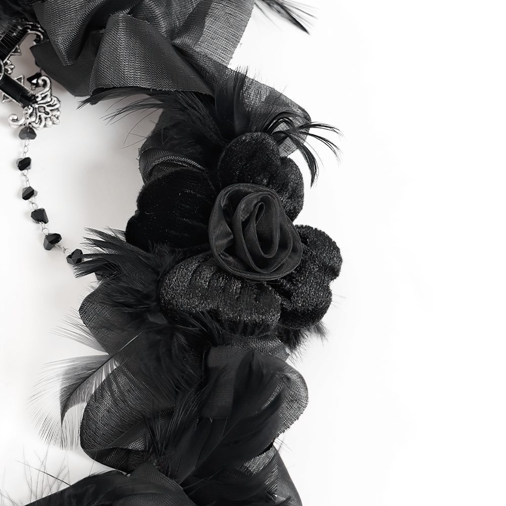 Gothic Black Halo Crown with Feathers and Cross Decor