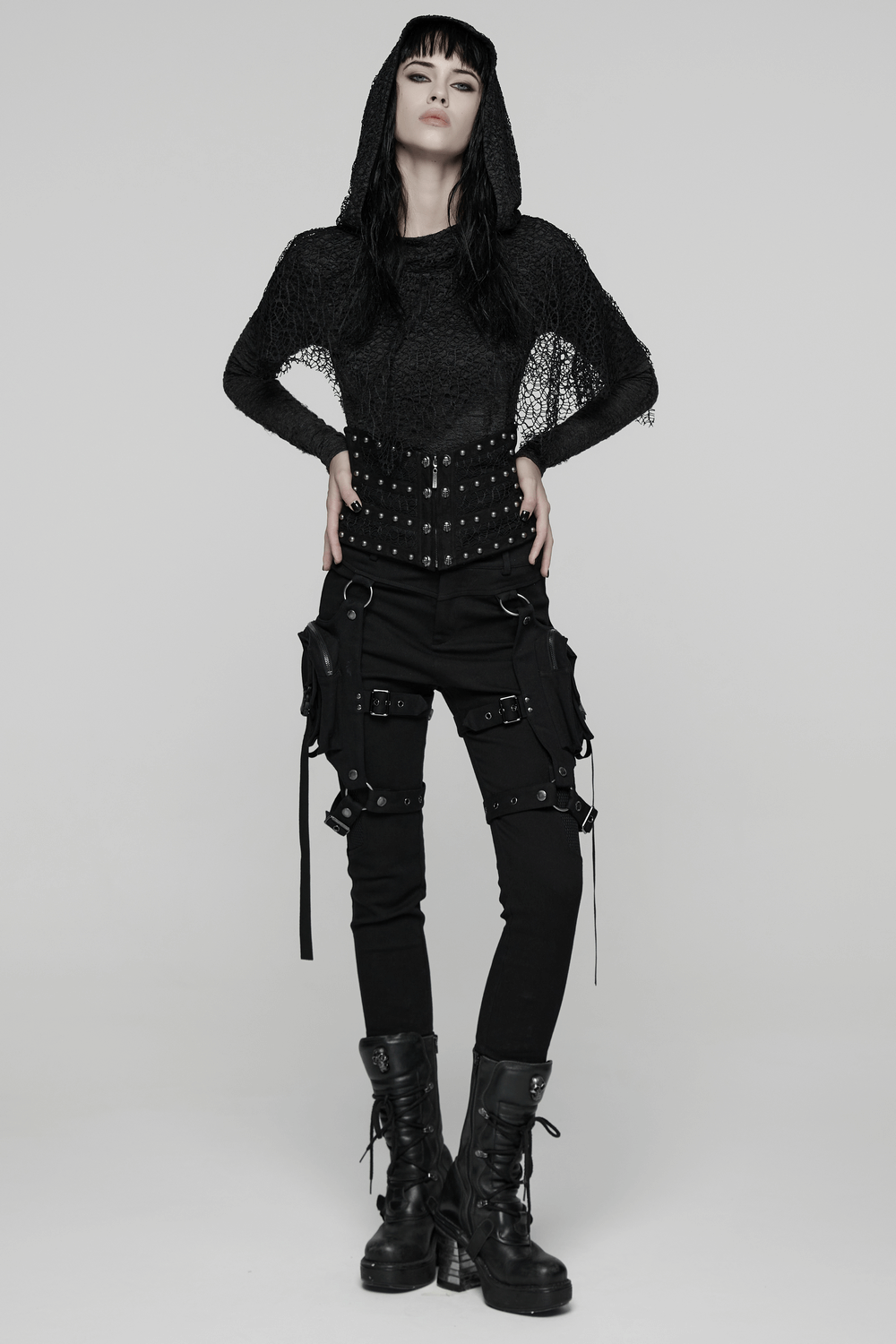 Gothic Black Lace and Rivet Waist Cincher Corset
