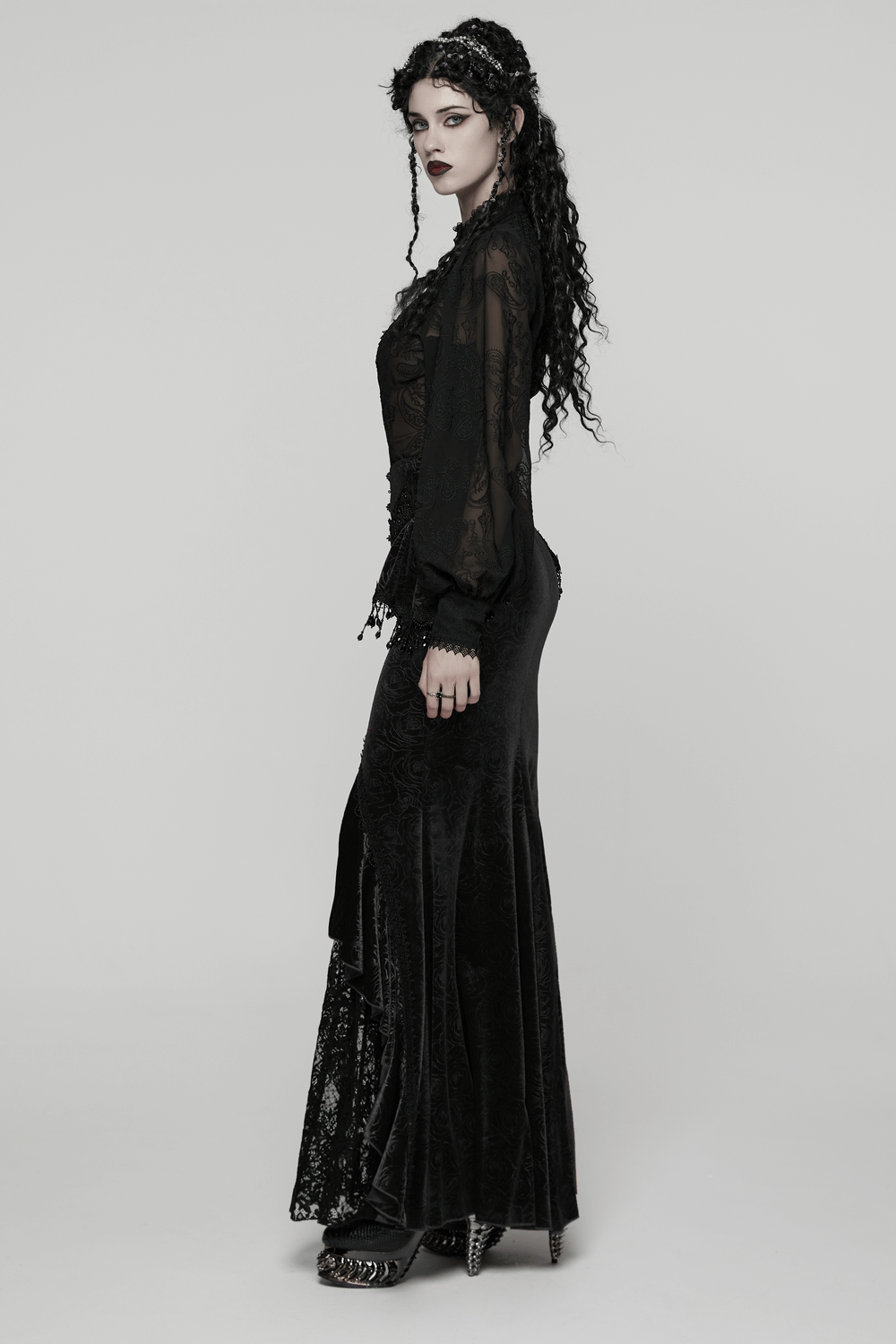 Gothic Black Lace Chiffon Blouse with Corset Back