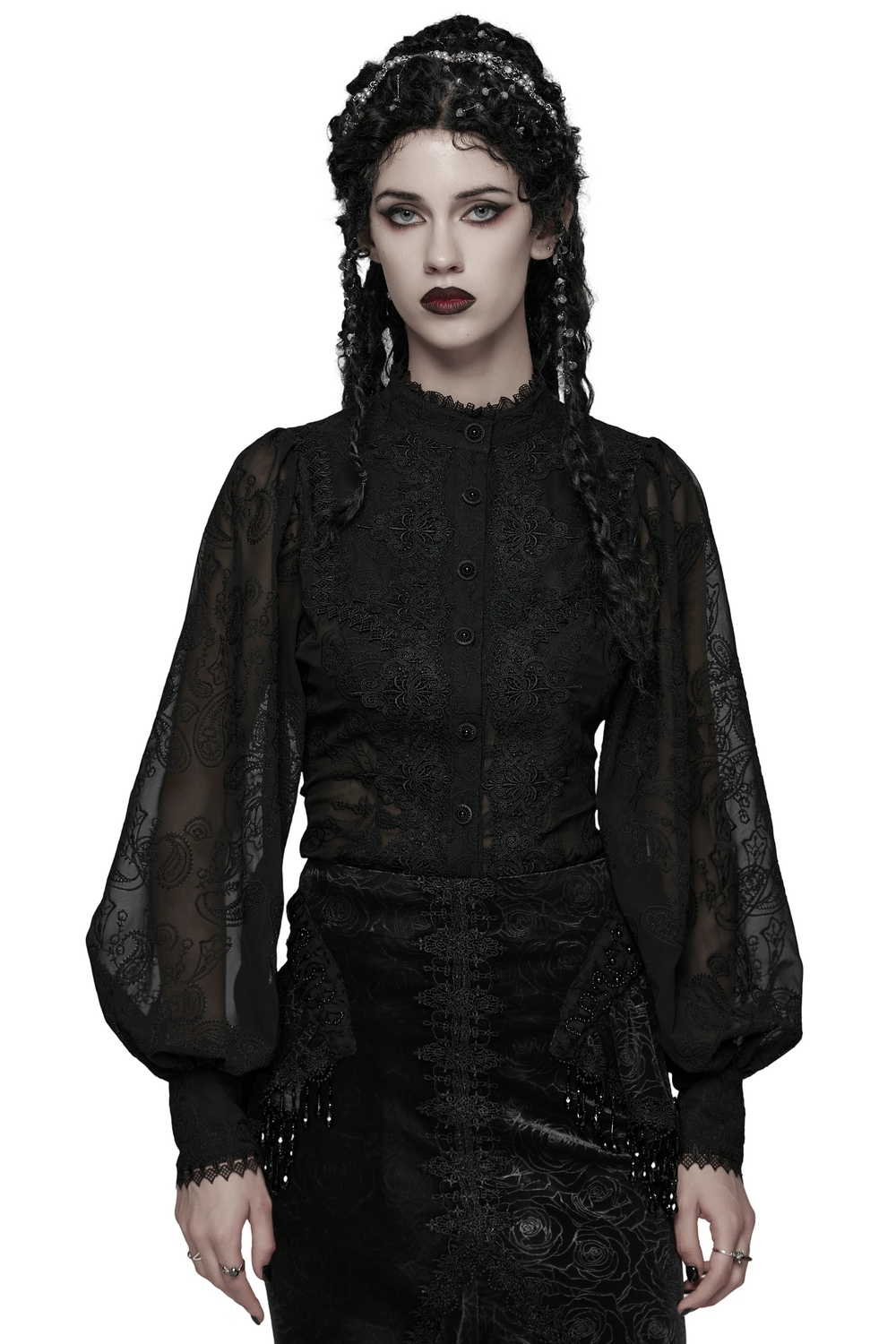 Gothic Black Lace Chiffon Blouse with Corset Back