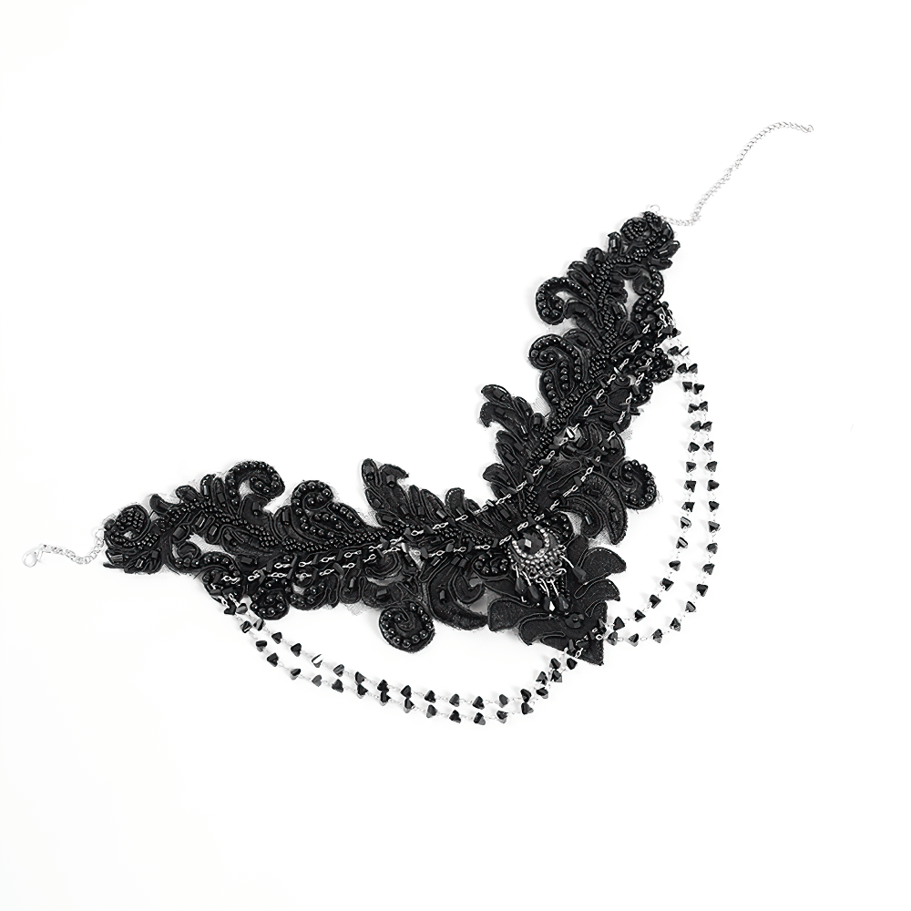 Gothic Black Lace Choker Necklace with Beaded Chains
