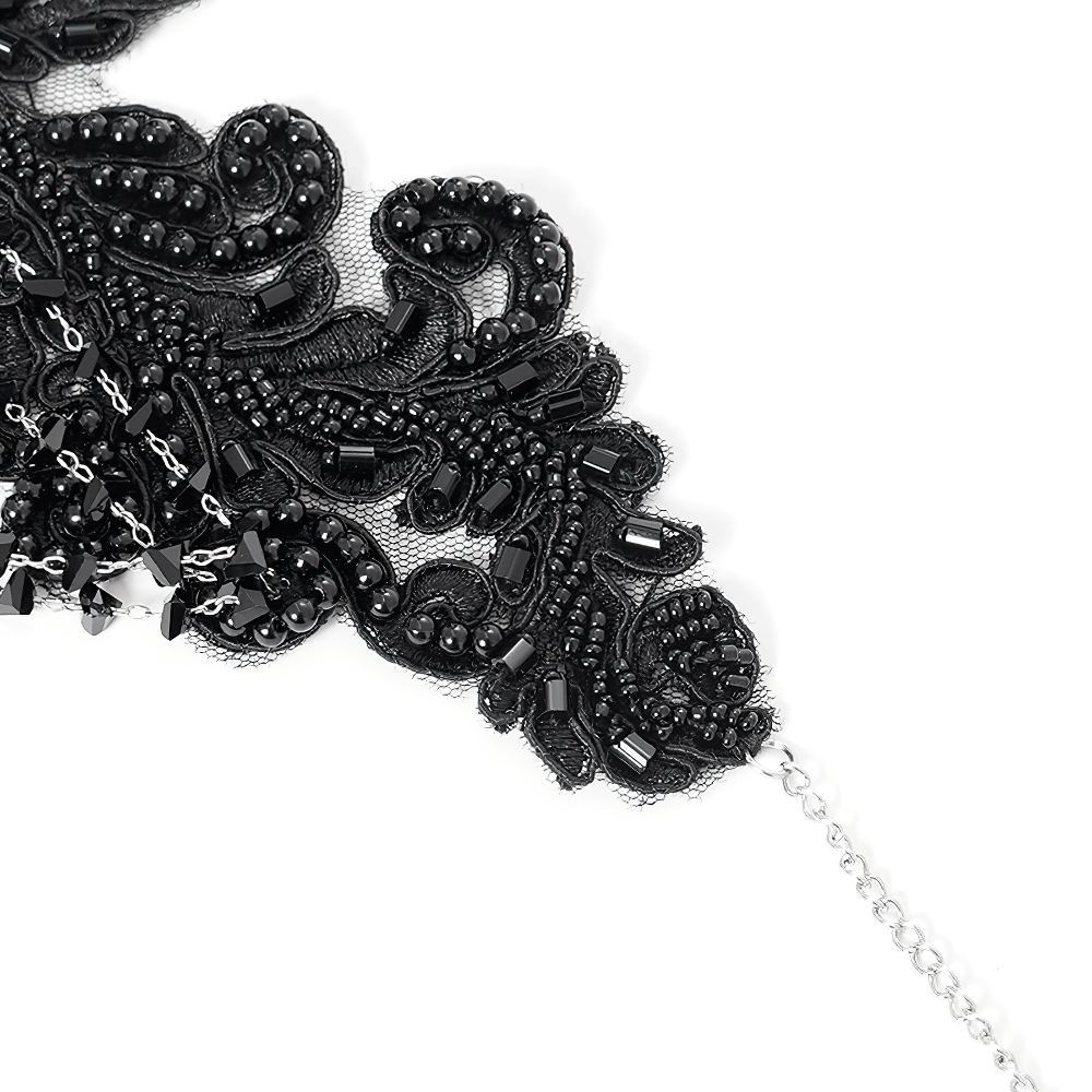 Gothic Black Lace Choker Necklace with Beaded Chains