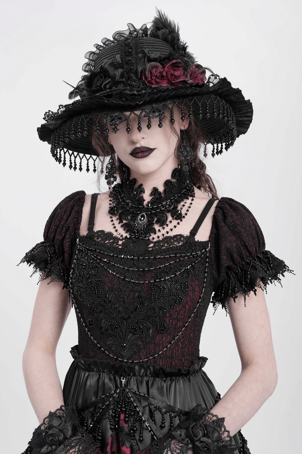 Gothic Black Lace Choker Necklace with Beaded Chains