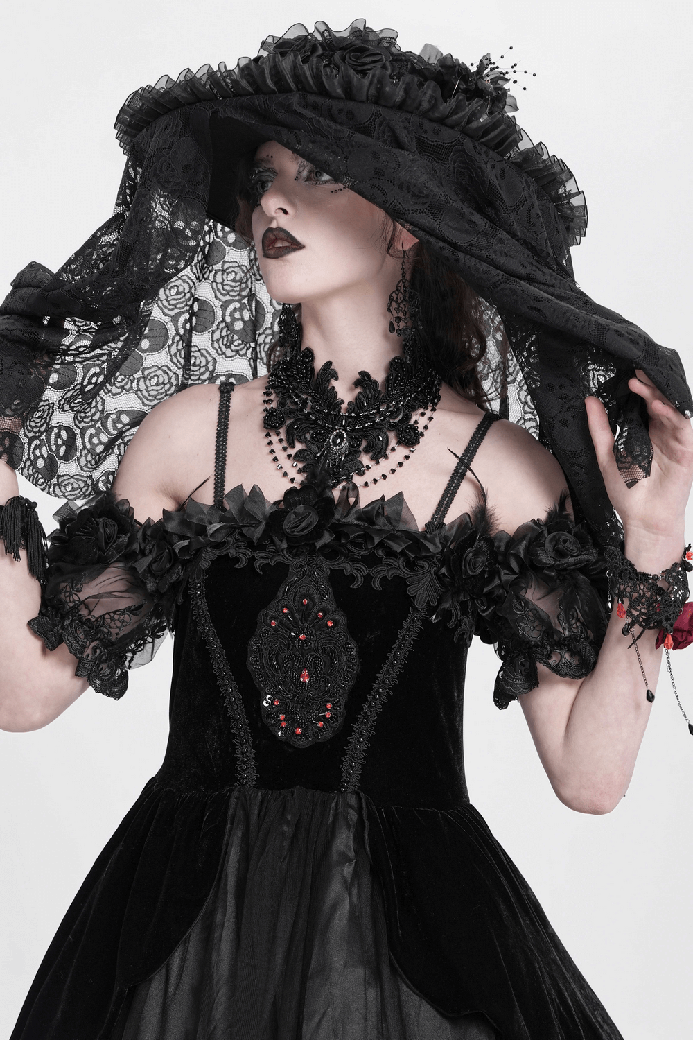 Gothic Black Lace Choker Necklace with Beaded Chains