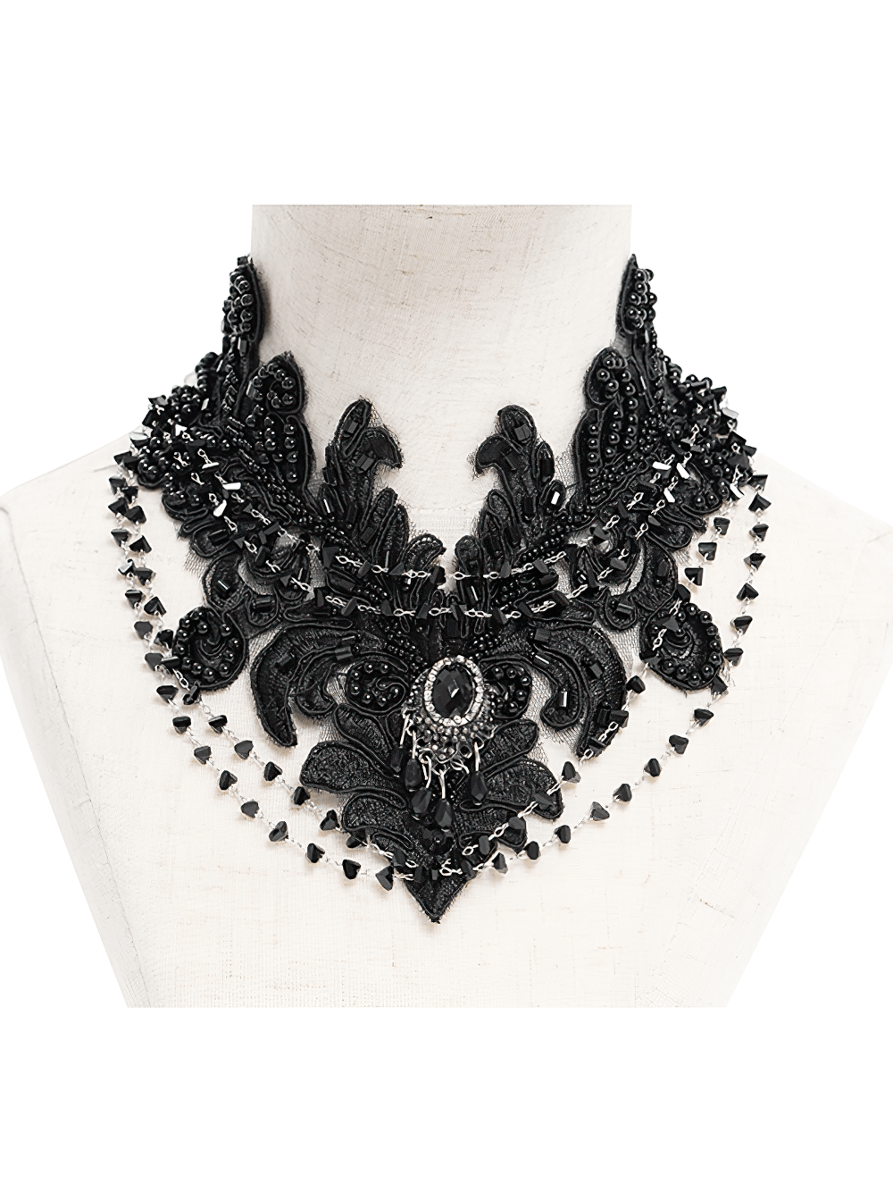 Gothic Black Lace Choker Necklace with Beaded Chains
