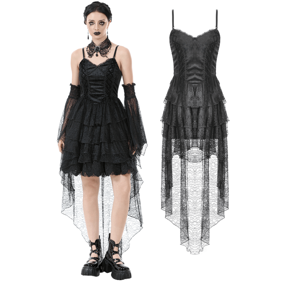 Gothic Black Lace Dress with Corset Bodice and Tiers