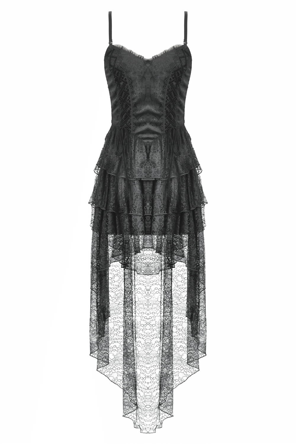 Gothic Black Lace Dress with Corset Bodice and Tiers