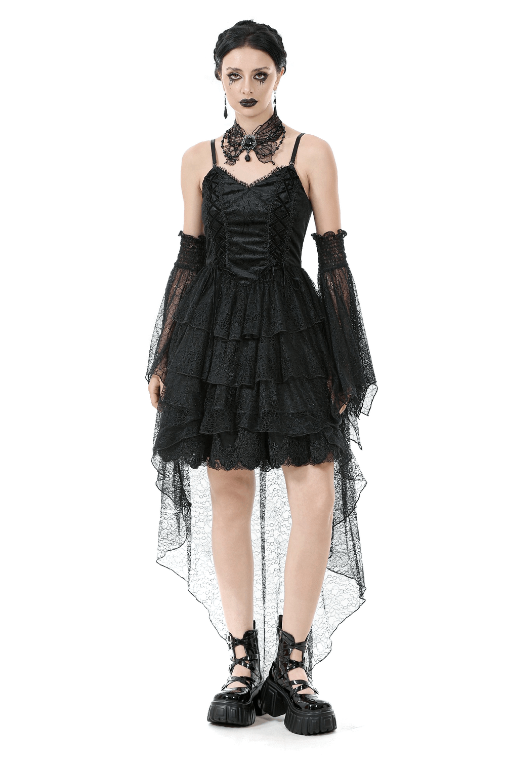 Gothic Black Lace Dress with Corset Bodice and Tiers