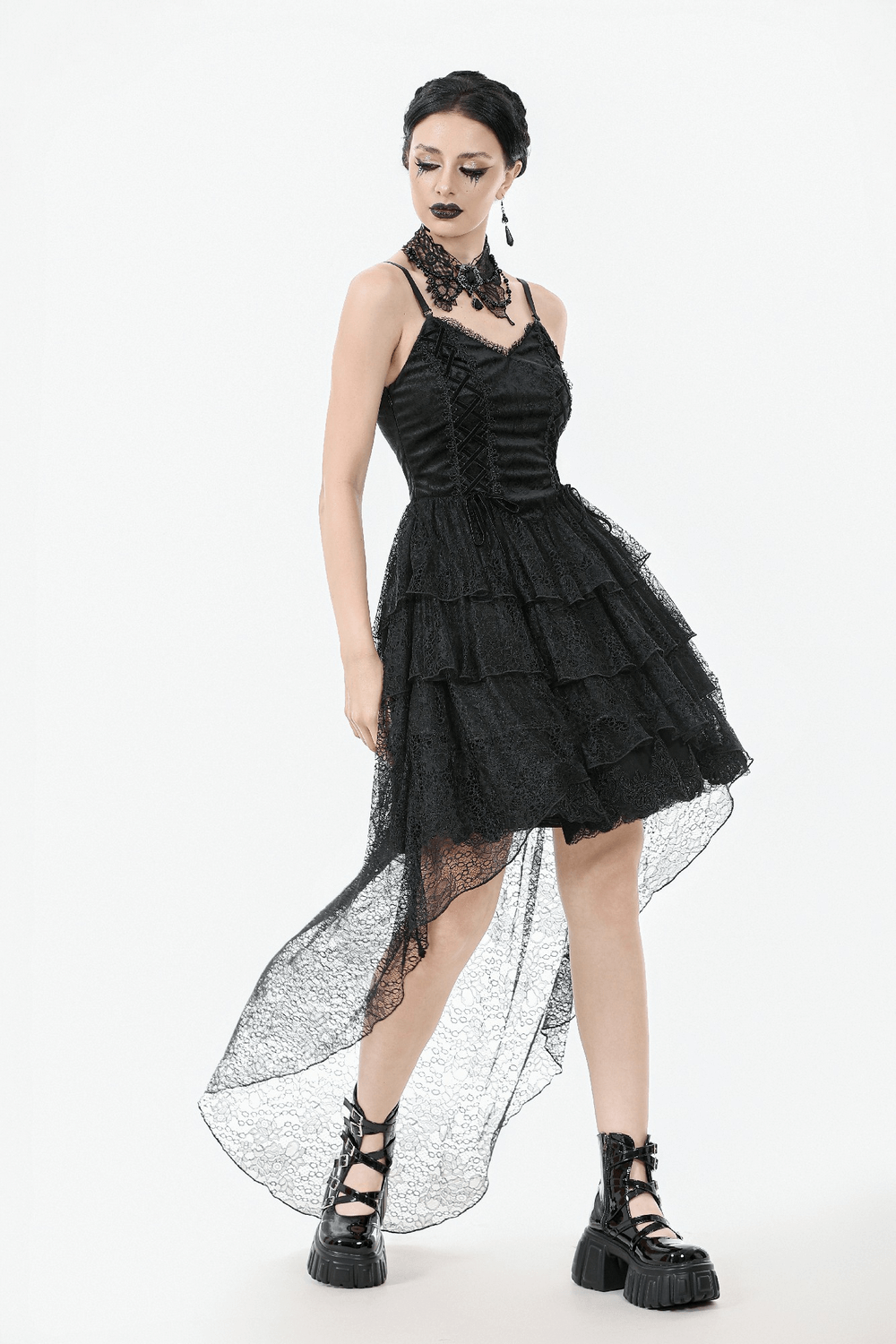 Gothic Black Lace Dress with Corset Bodice and Tiers