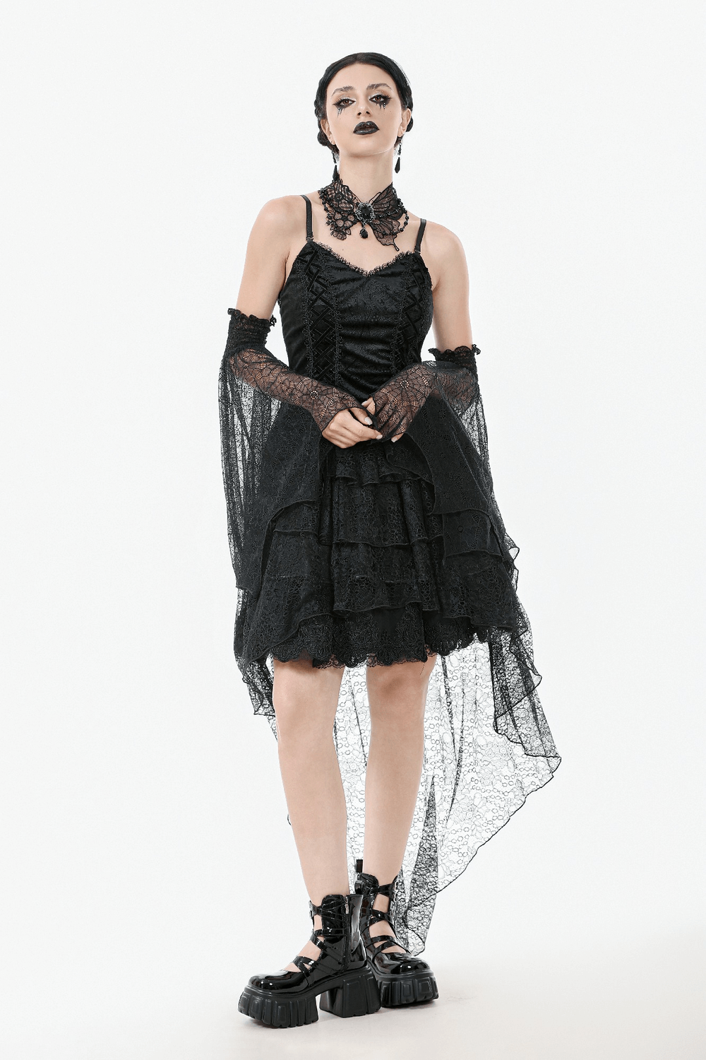 Gothic Black Lace Dress with Corset Bodice and Tiers