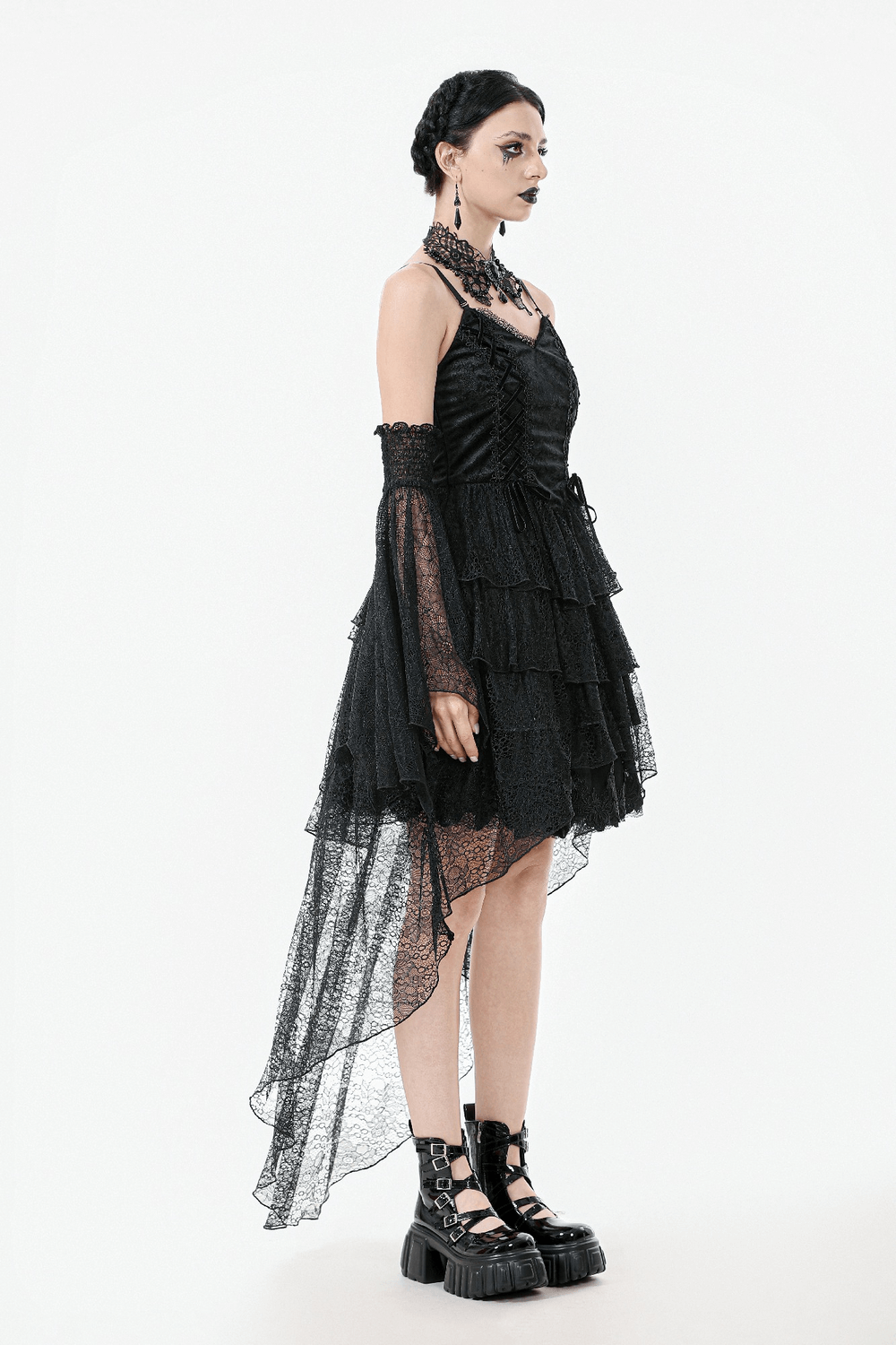 Gothic Black Lace Dress with Corset Bodice and Tiers
