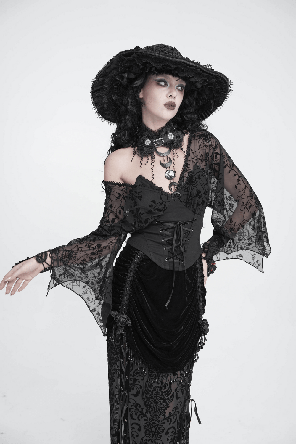Gothic Black Lace Floral Choker with Silver Clasps