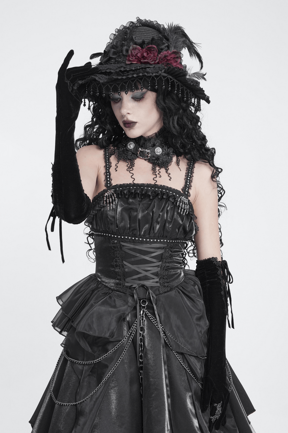 Gothic Black Lace Floral Choker with Silver Clasps