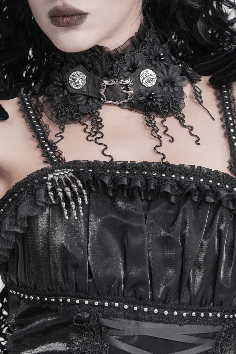 Gothic Black Lace Floral Choker with Silver Clasps