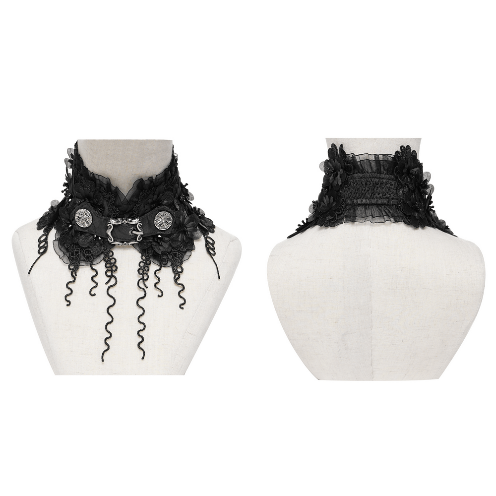 Gothic Black Lace Floral Choker with Silver Clasps