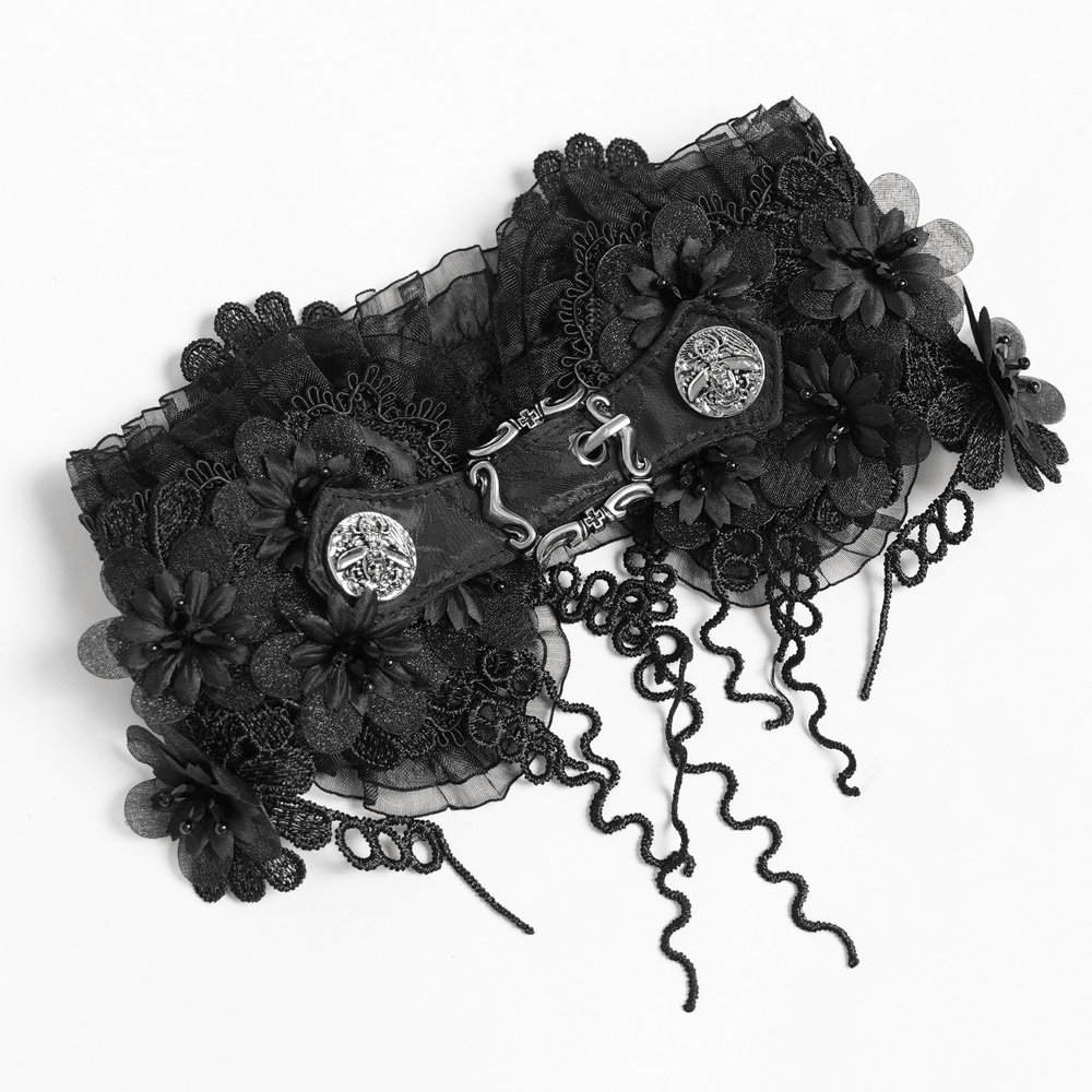 Gothic Black Lace Floral Choker with Silver Clasps