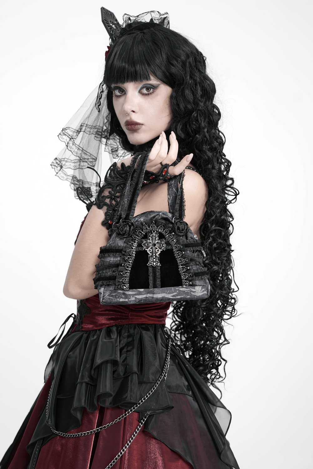 Gothic Black Lace Handbag with Cross and Rose Details