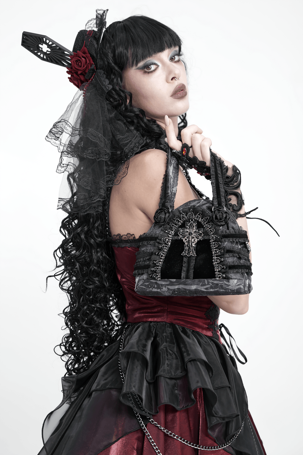 Gothic Black Lace Handbag with Cross and Rose Details