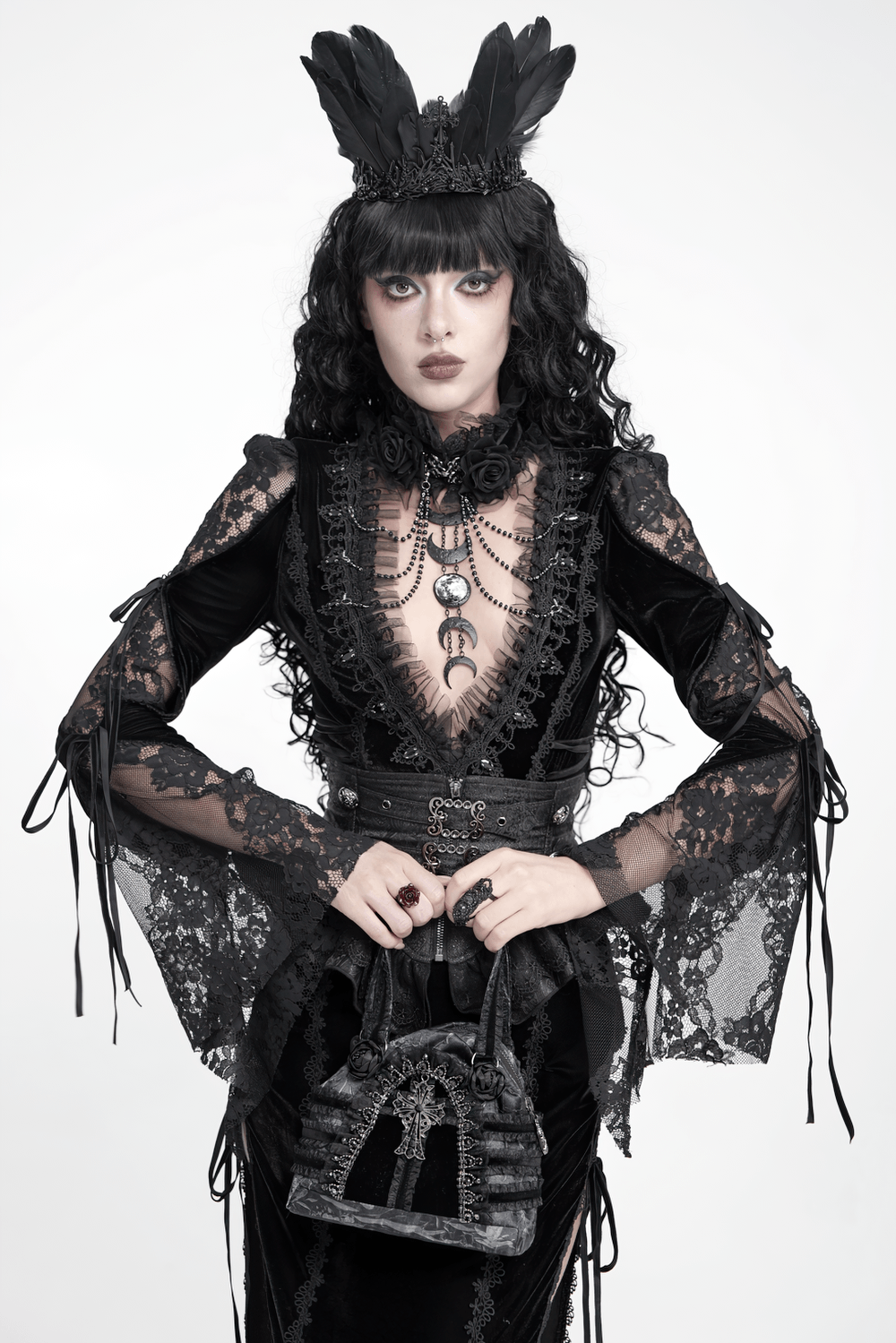 Gothic Black Lace Handbag with Cross and Rose Details