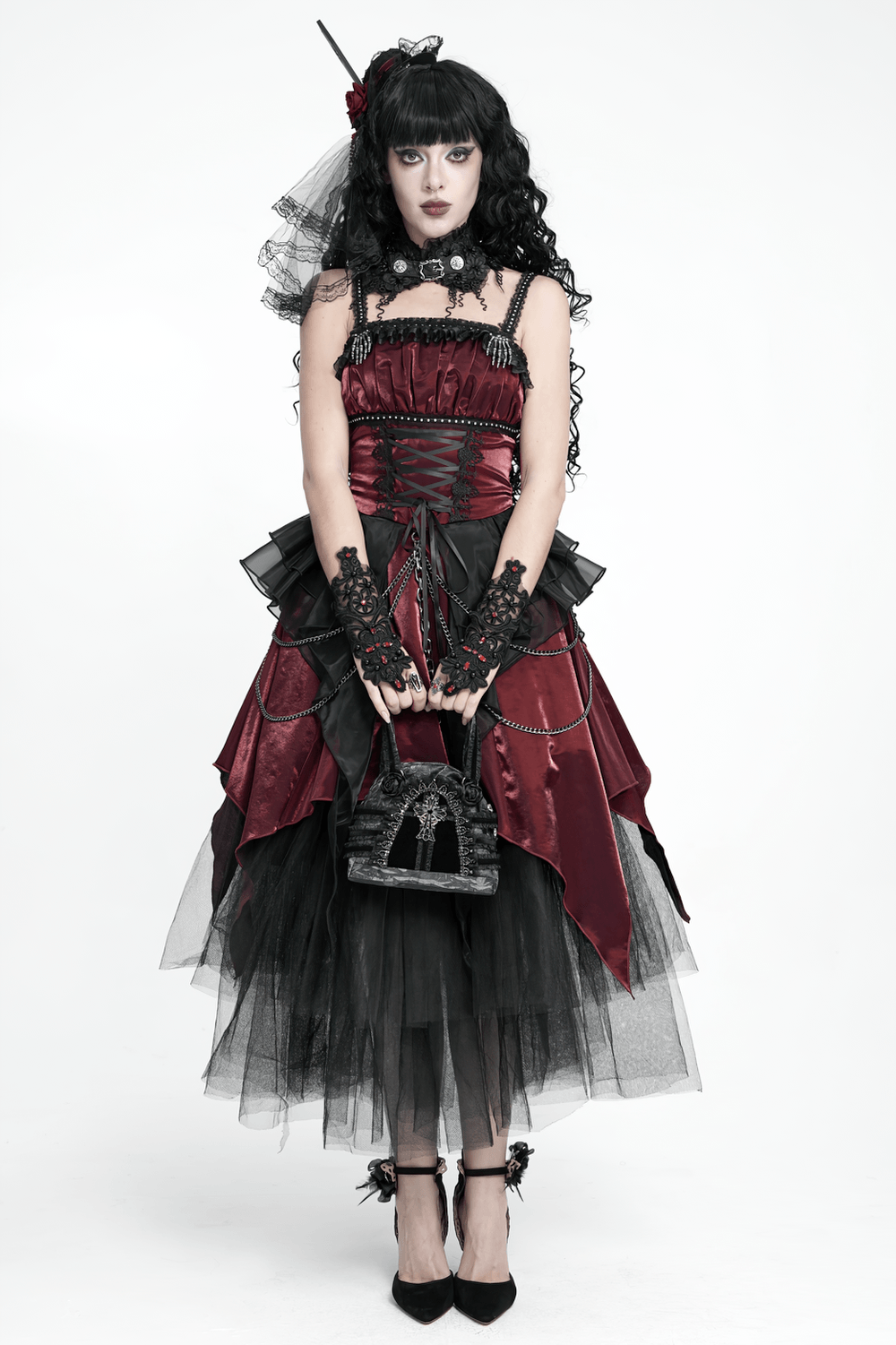 Gothic Black Lace Handbag with Cross and Rose Details