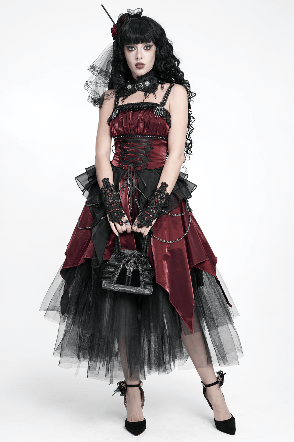 Gothic Black Lace Handbag with Cross and Rose Details
