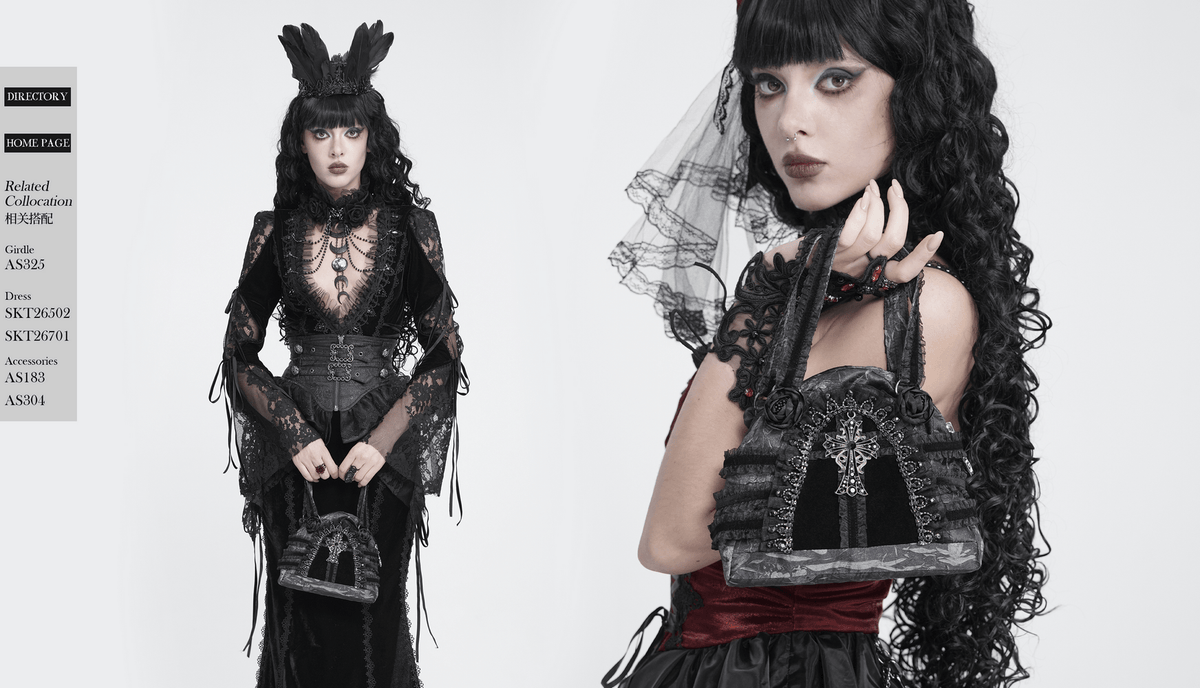 Gothic Black Lace Handbag with Cross and Rose Details