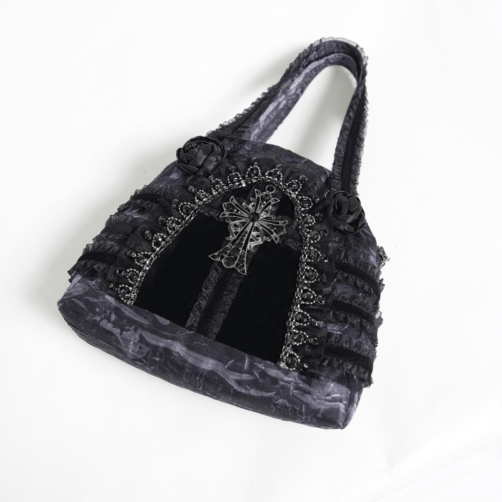 Gothic Black Lace Handbag with Cross and Rose Details