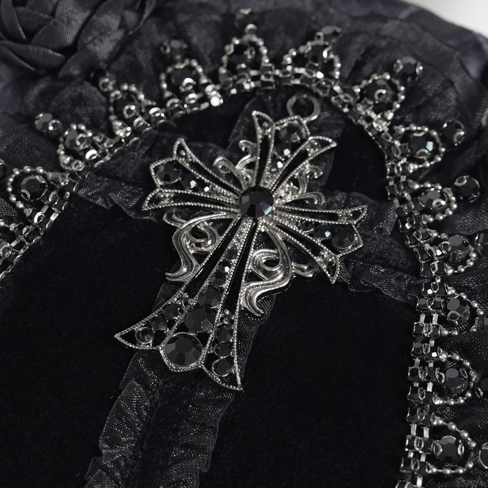 Gothic Black Lace Handbag with Cross and Rose Details