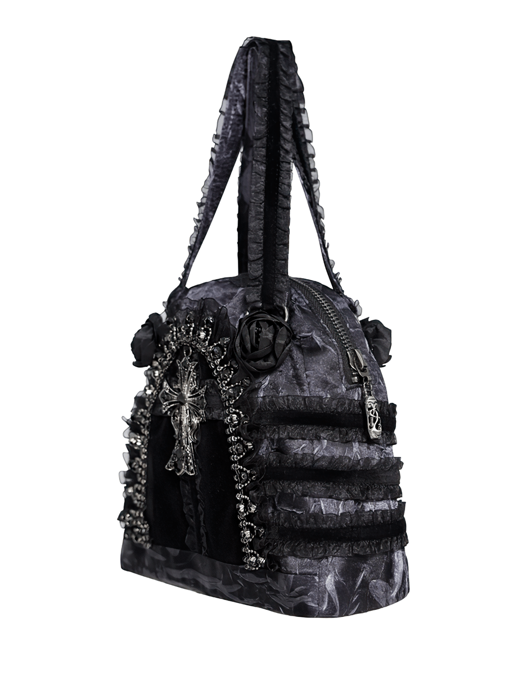 Gothic Black Lace Handbag with Cross and Rose Details