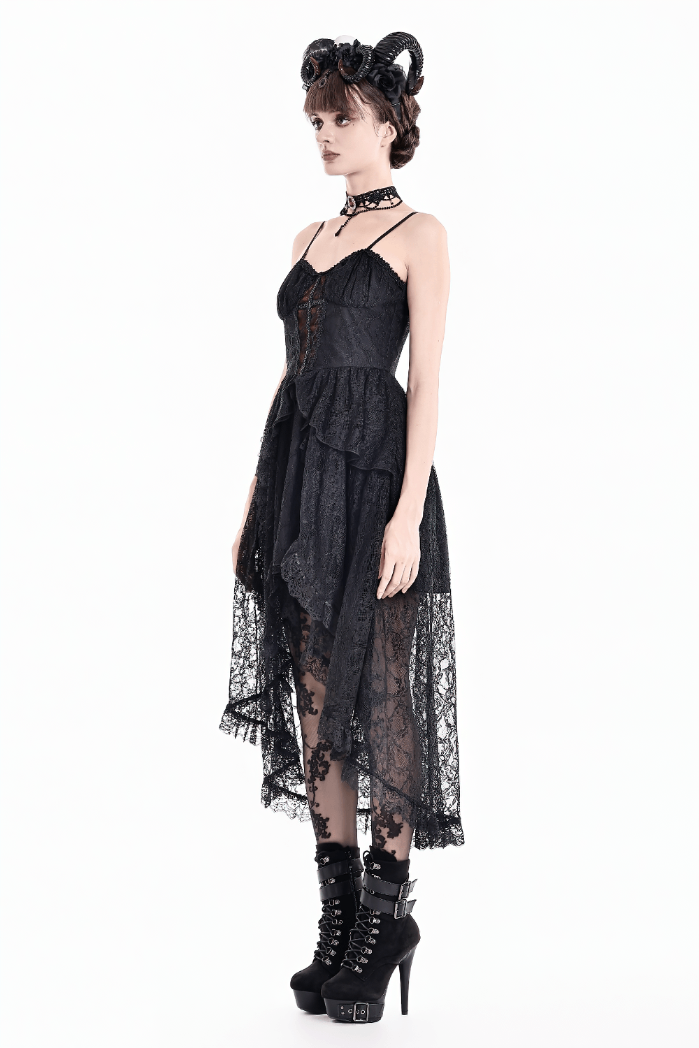 Gothic Black Lace High Low Dress with Corset Bodice