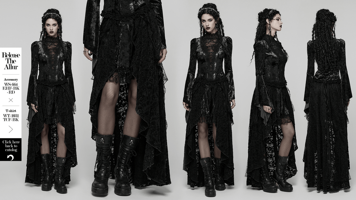 Gothic Black Lace High-Low Skirt with Velvet Detail