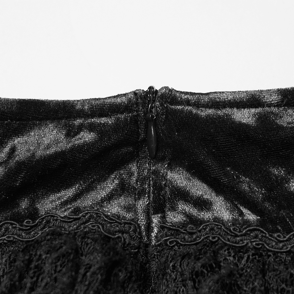Gothic Black Lace High-Low Skirt with Velvet Detail