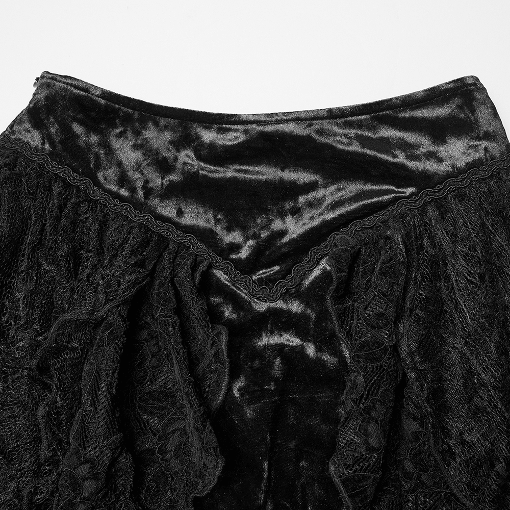 Gothic Black Lace High-Low Skirt with Velvet Detail