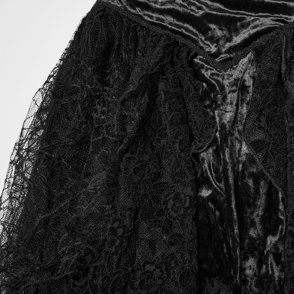 Gothic Black Lace High-Low Skirt with Velvet Detail