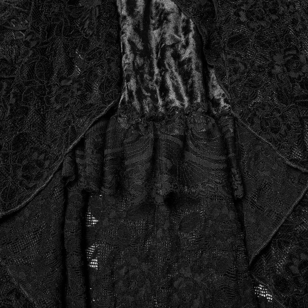 Gothic Black Lace High-Low Skirt with Velvet Detail