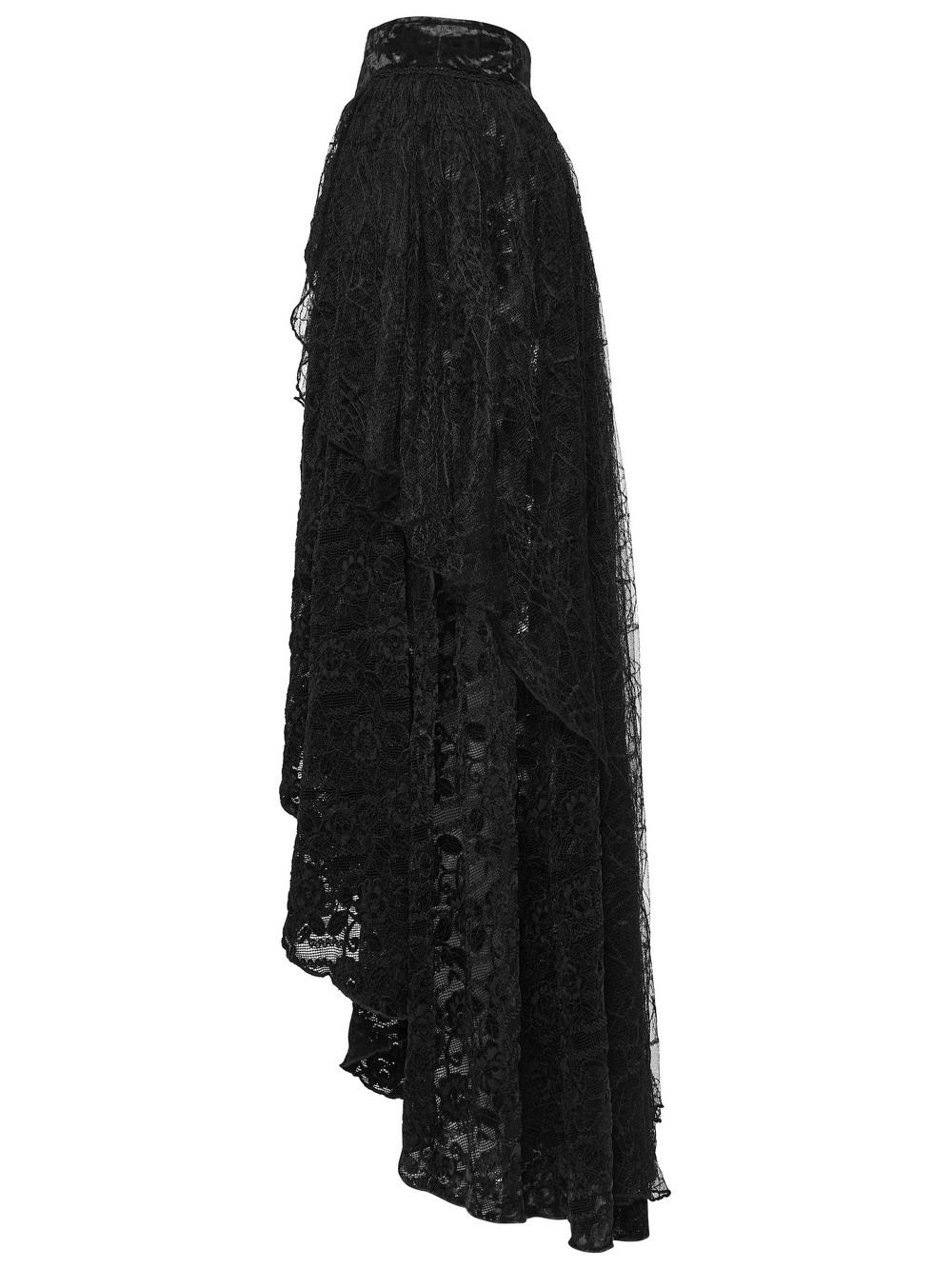 Gothic Black Lace High-Low Skirt with Velvet Detail