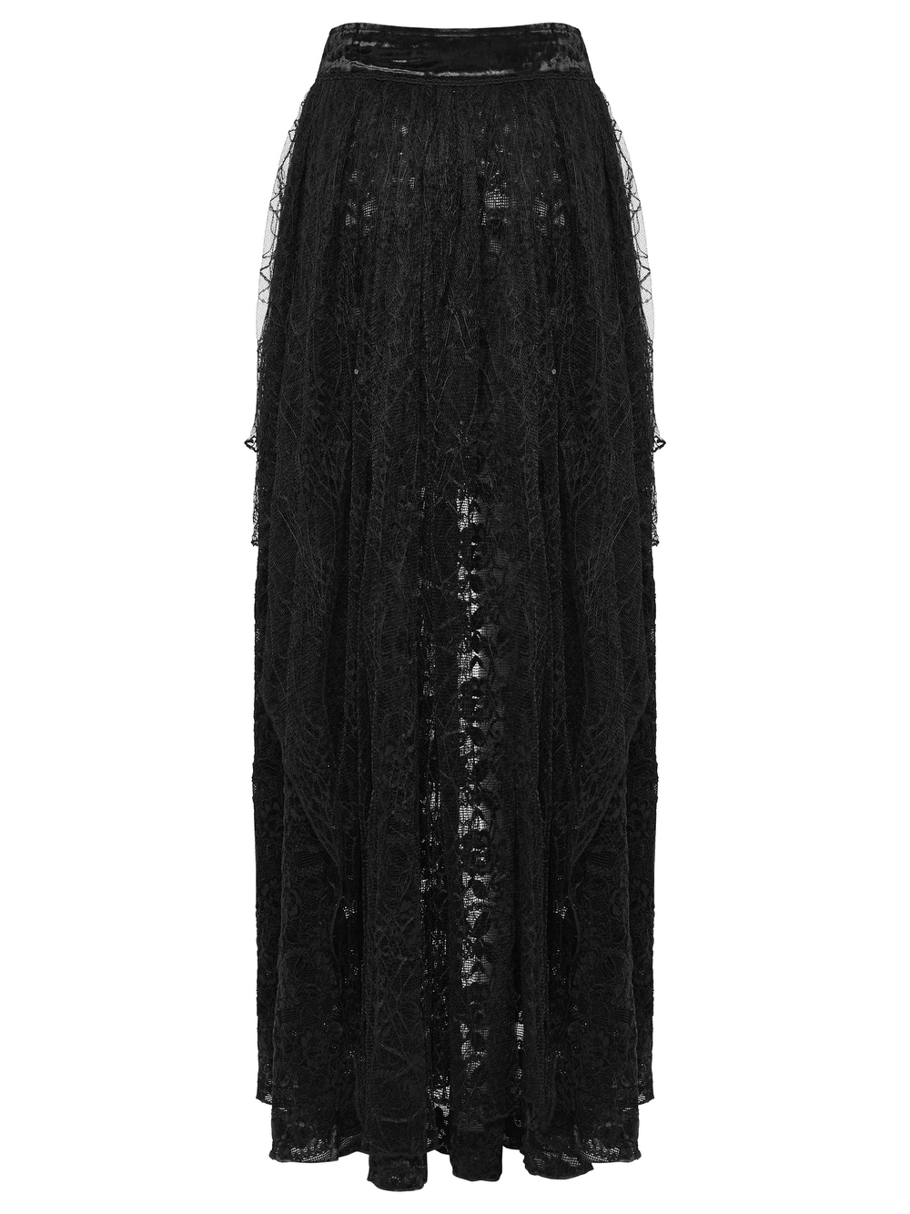 Gothic Black Lace High-Low Skirt with Velvet Detail