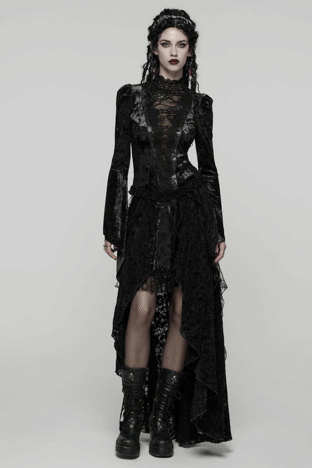 Gothic Black Lace High-Low Skirt with Velvet Detail