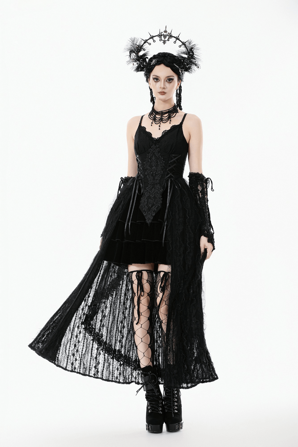 Gothic Black Lace Maxi Dress with Split Panels