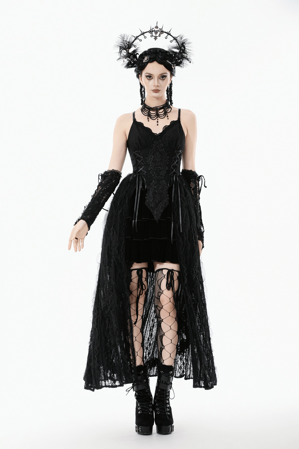 Gothic Black Lace Maxi Dress with Split Panels