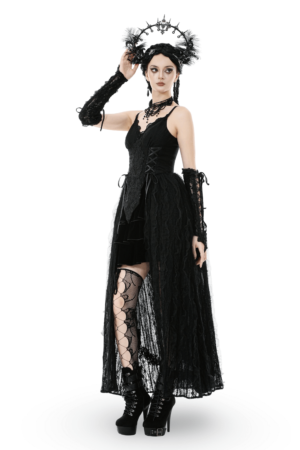 Gothic Black Lace Maxi Dress with Split Panels