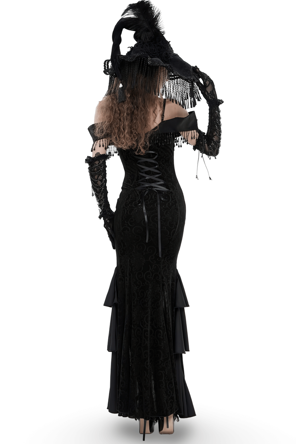Gothic Black Lace Off-Shoulder Dress with Ruffles and Beads