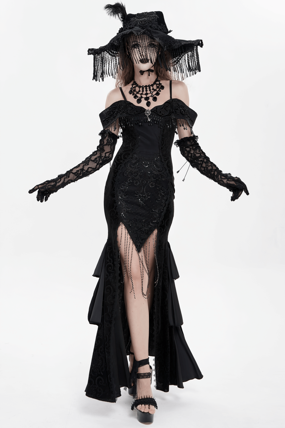 Gothic Black Lace Off-Shoulder Dress with Ruffles and Beads
