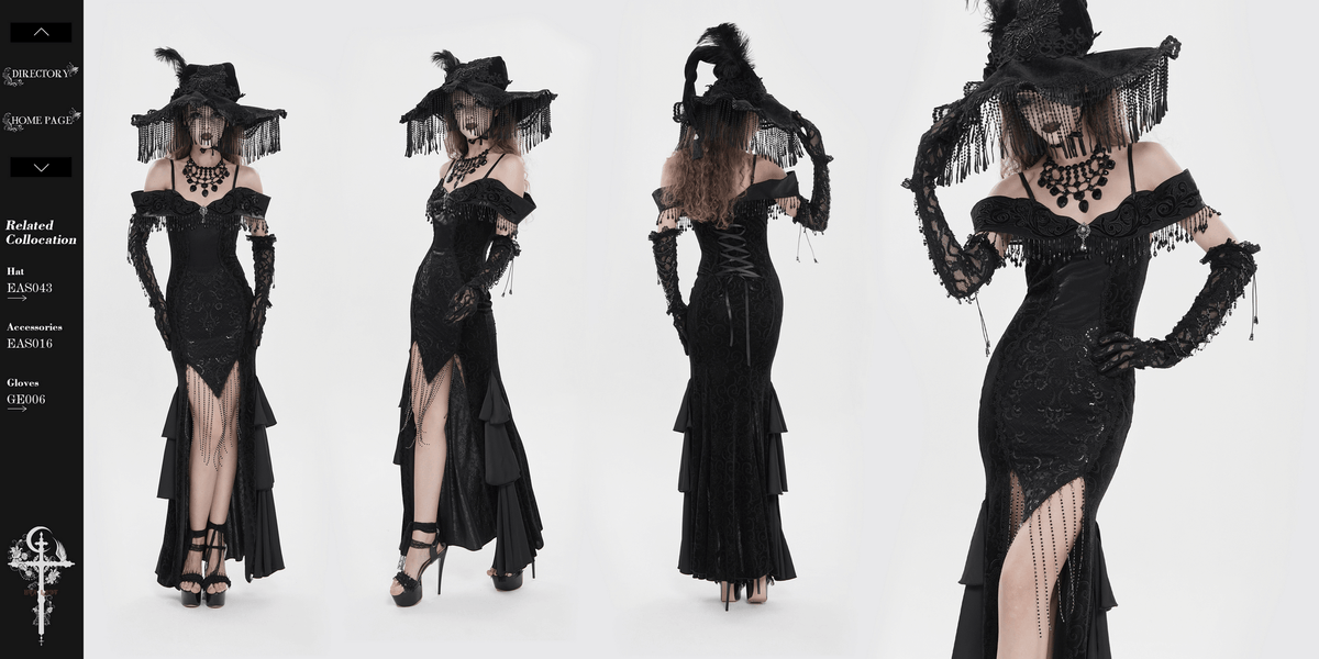 Gothic Black Lace Off-Shoulder Dress with Ruffles and Beads
