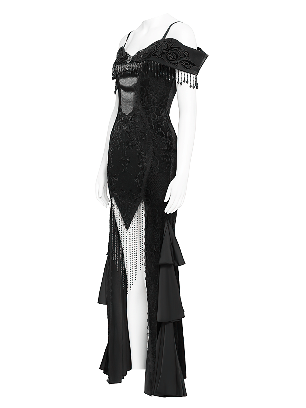 Gothic Black Lace Off-Shoulder Dress with Ruffles and Beads