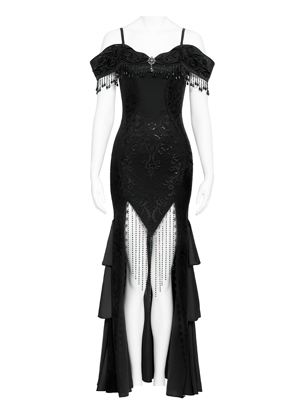 Gothic Black Lace Off-Shoulder Dress with Ruffles and Beads