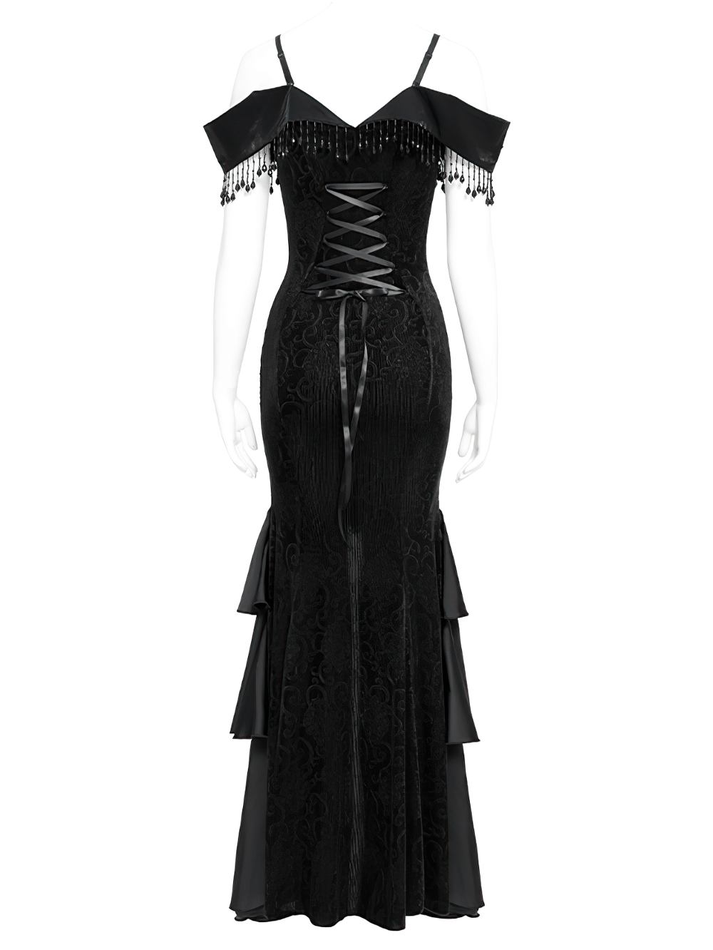 Gothic Black Lace Off-Shoulder Dress with Ruffles and Beads