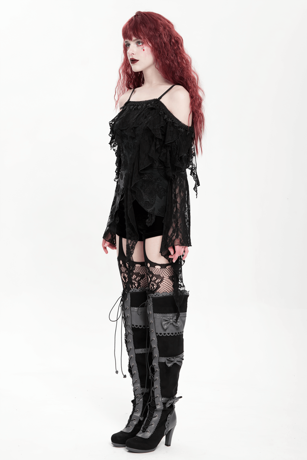 Gothic Black Lace Off Shoulder Top with Flared Sleeves